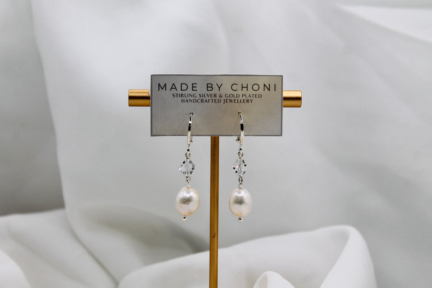 Marie Earrings - Stirling Silver Pearl & Swarovski Crystal Hoop Earrings