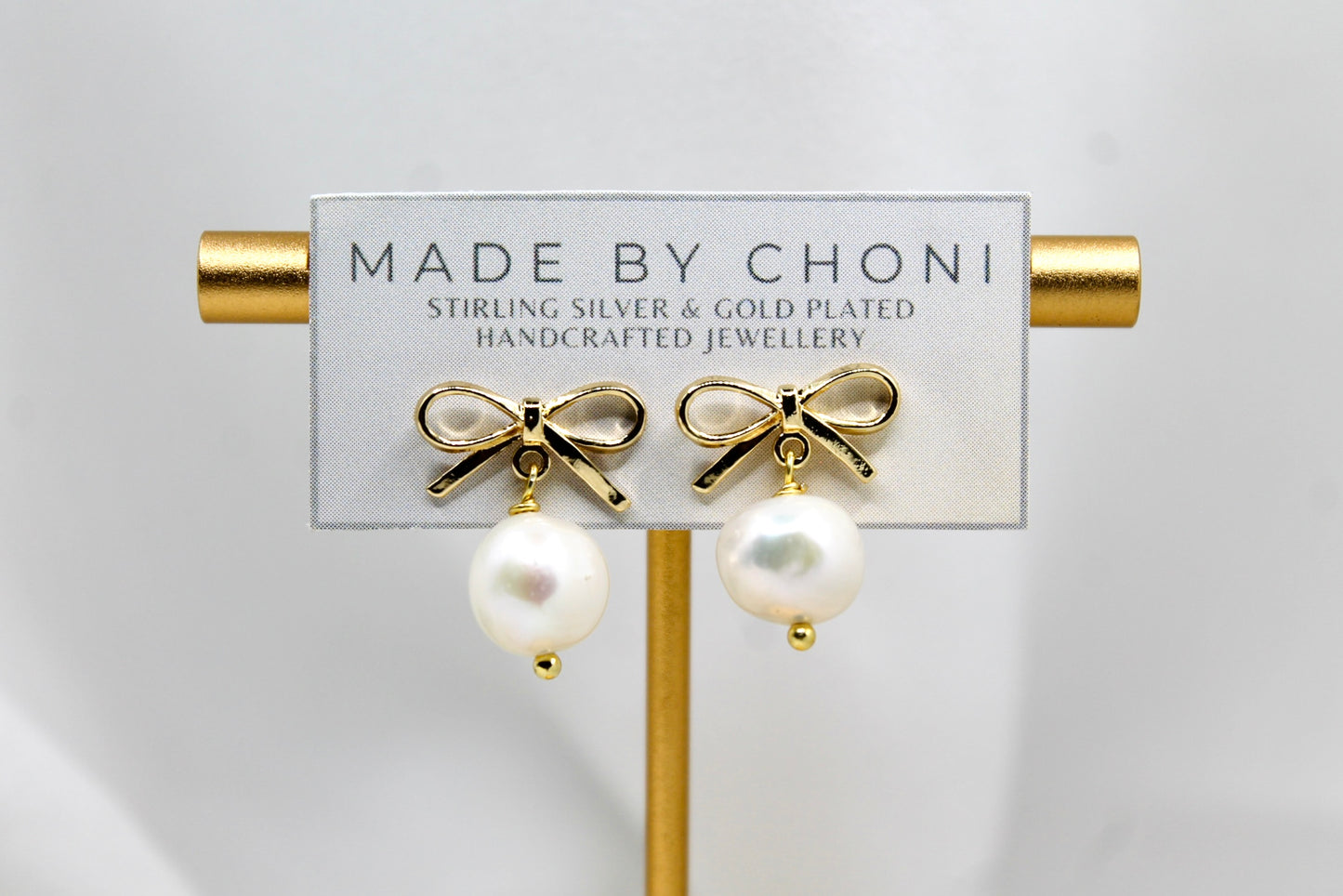 Holly Earrings - Gold Plated Pearl Bow Earrings