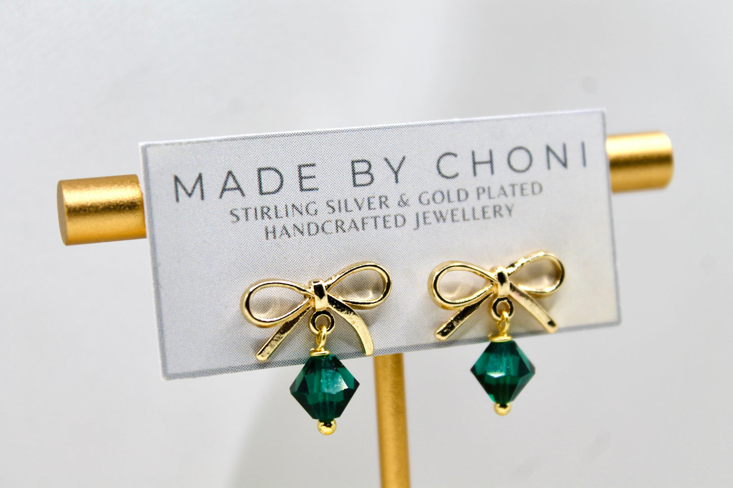 Emerald Earrings - Gold Plated Swarovski Crystal Bow Earrings