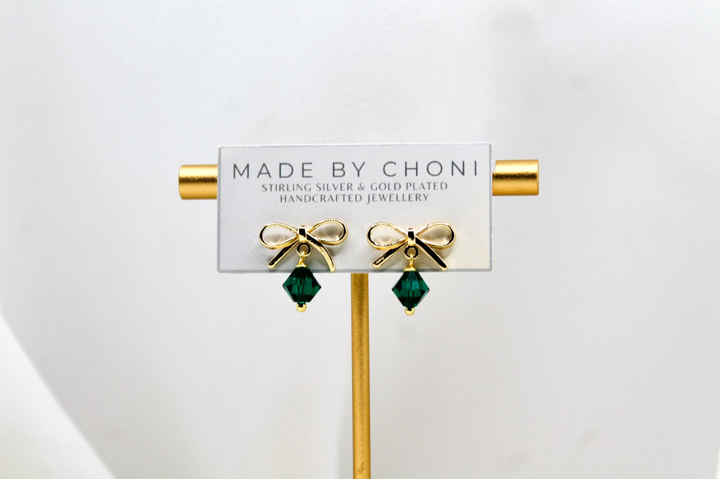 Emerald Earrings - Gold Plated Swarovski Crystal Bow Earrings