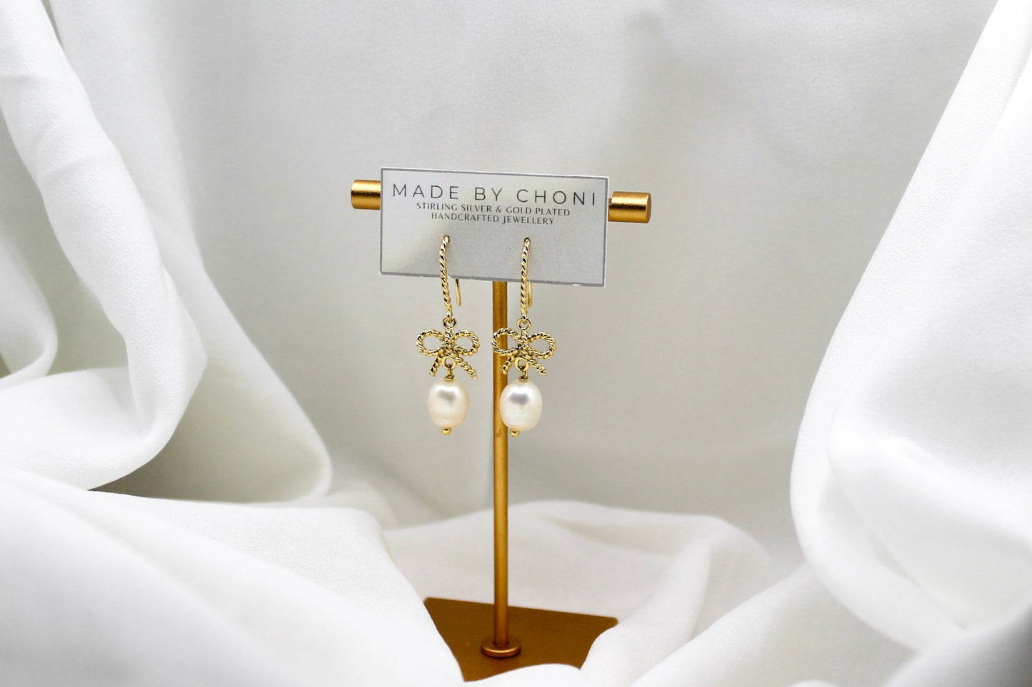 Ambrosia Earrings - Gold Plated Pearl Bow Earrings