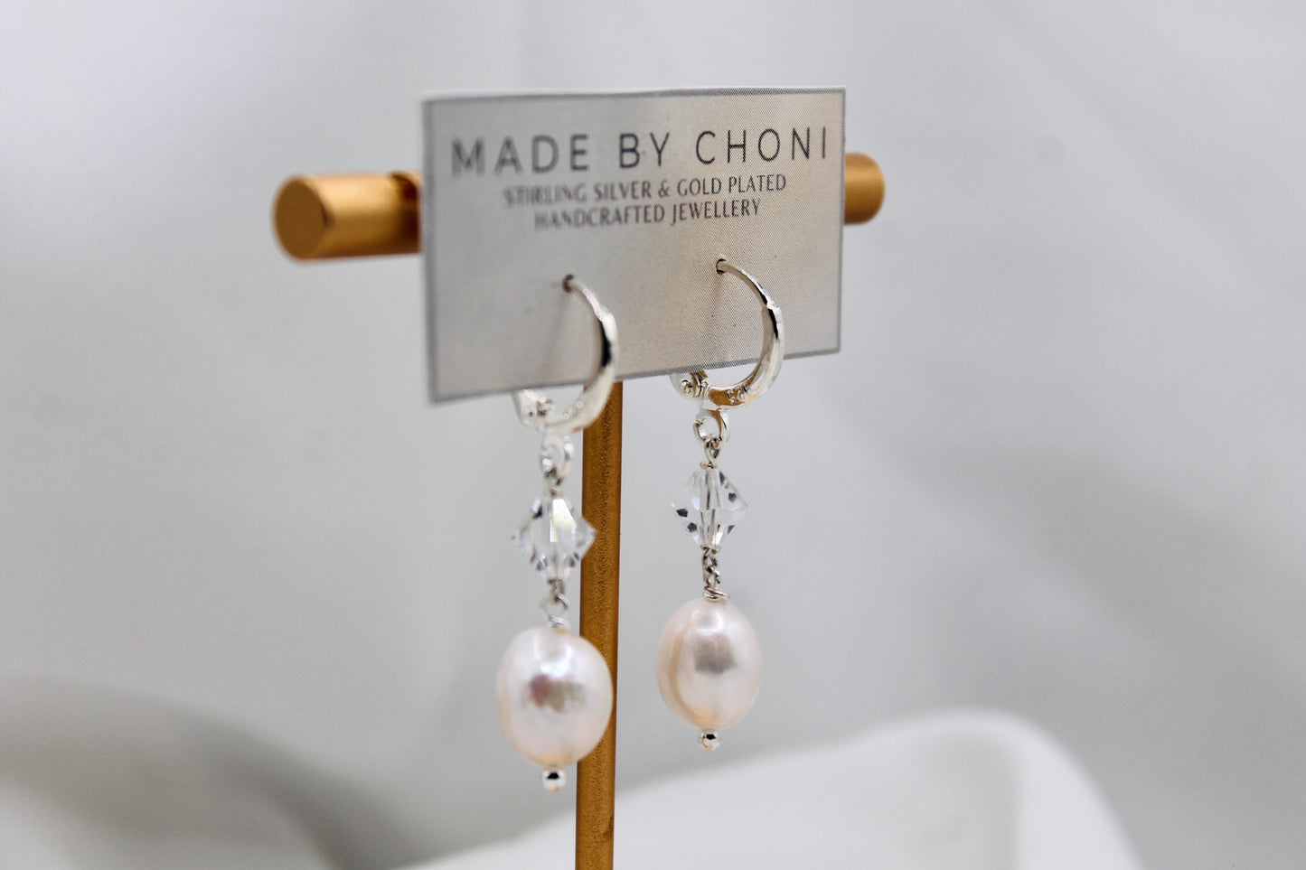 Marie Earrings - Stirling Silver Pearl & Swarovski Crystal Hoop Earrings