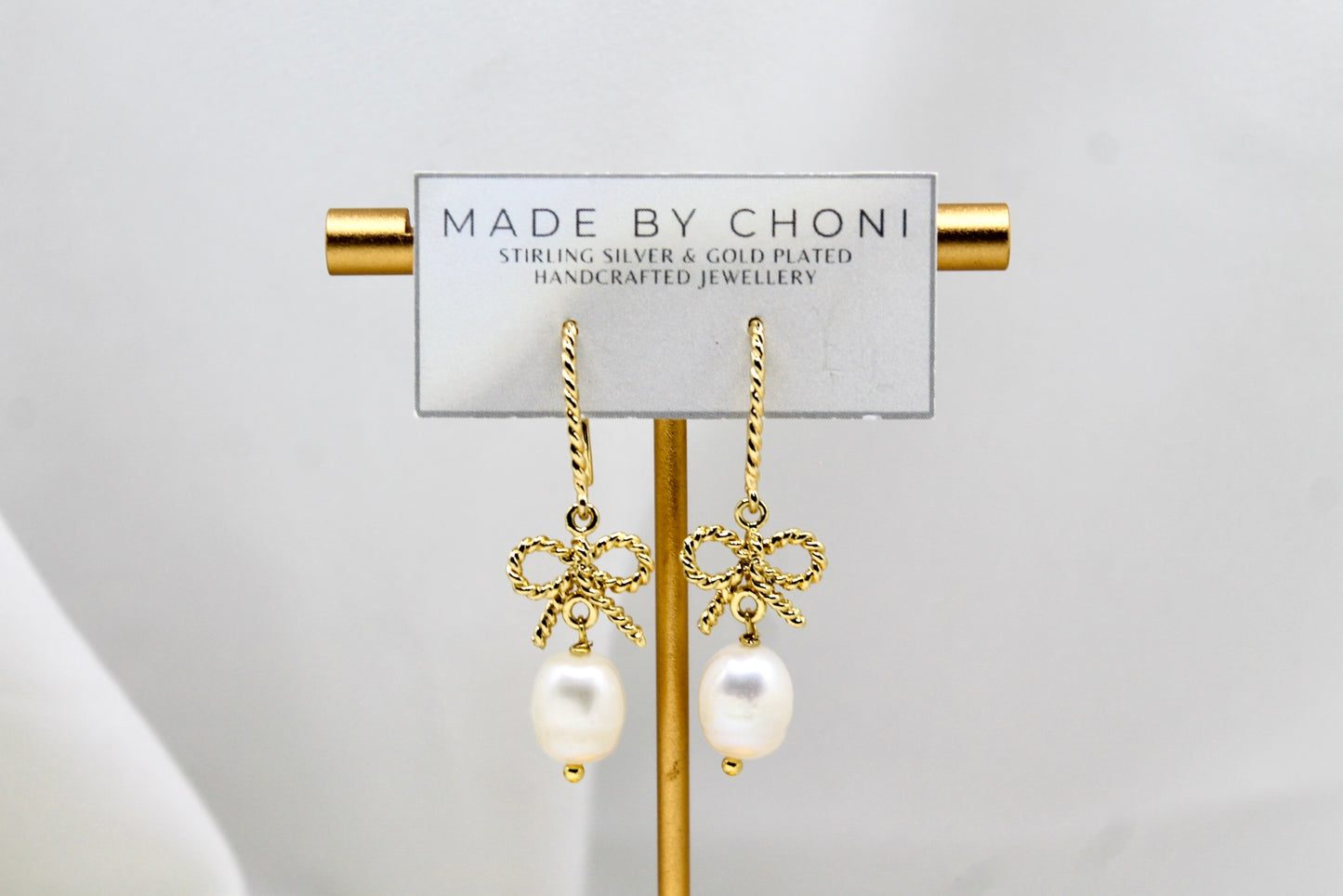 Ambrosia Earrings - Gold Plated Pearl Bow Earrings