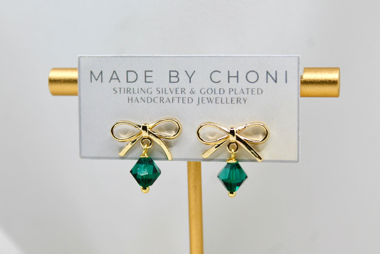 Emerald Earrings - Gold Plated Swarovski Crystal Bow Earrings