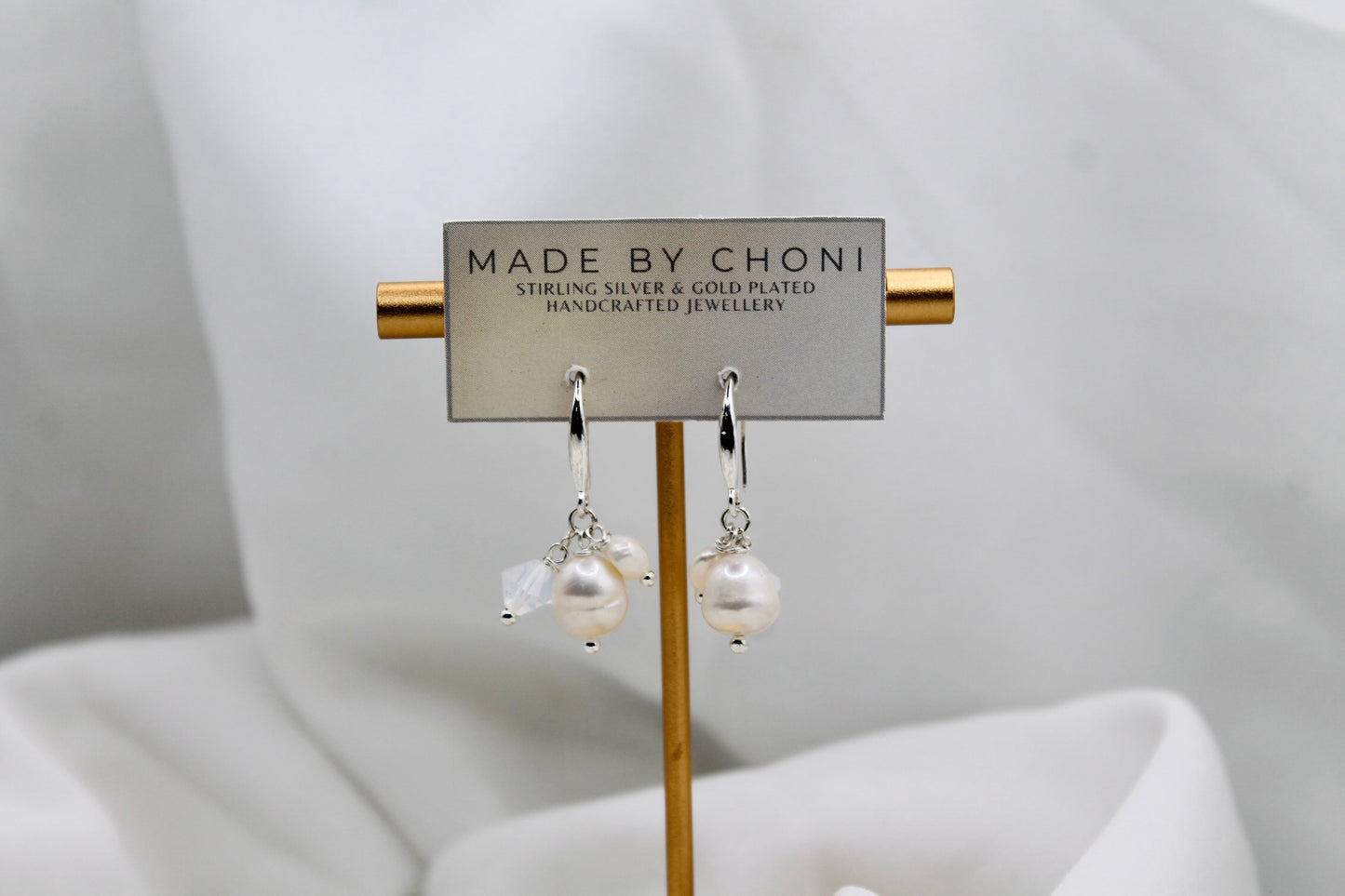 Maddy Earrings - Stirling Silver Pearl & Swarovski Crystal Cluster Earrings