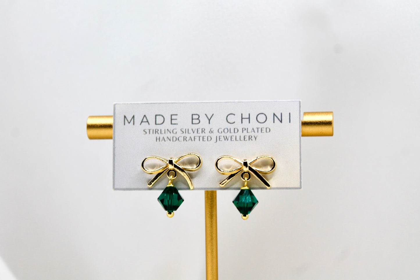 Emerald Earrings - Gold Plated Swarovski Crystal Bow Earrings