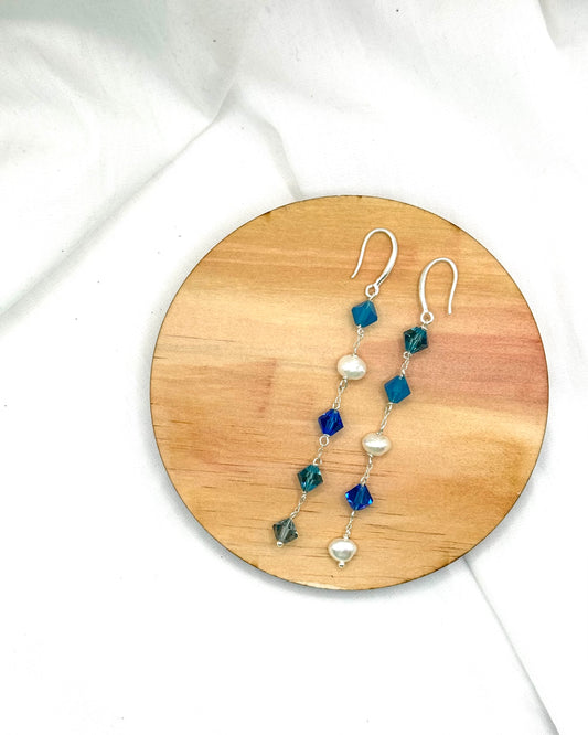 Ocean Earrings - Stirling Silver Pearl & Swarovski Crystal Dangles