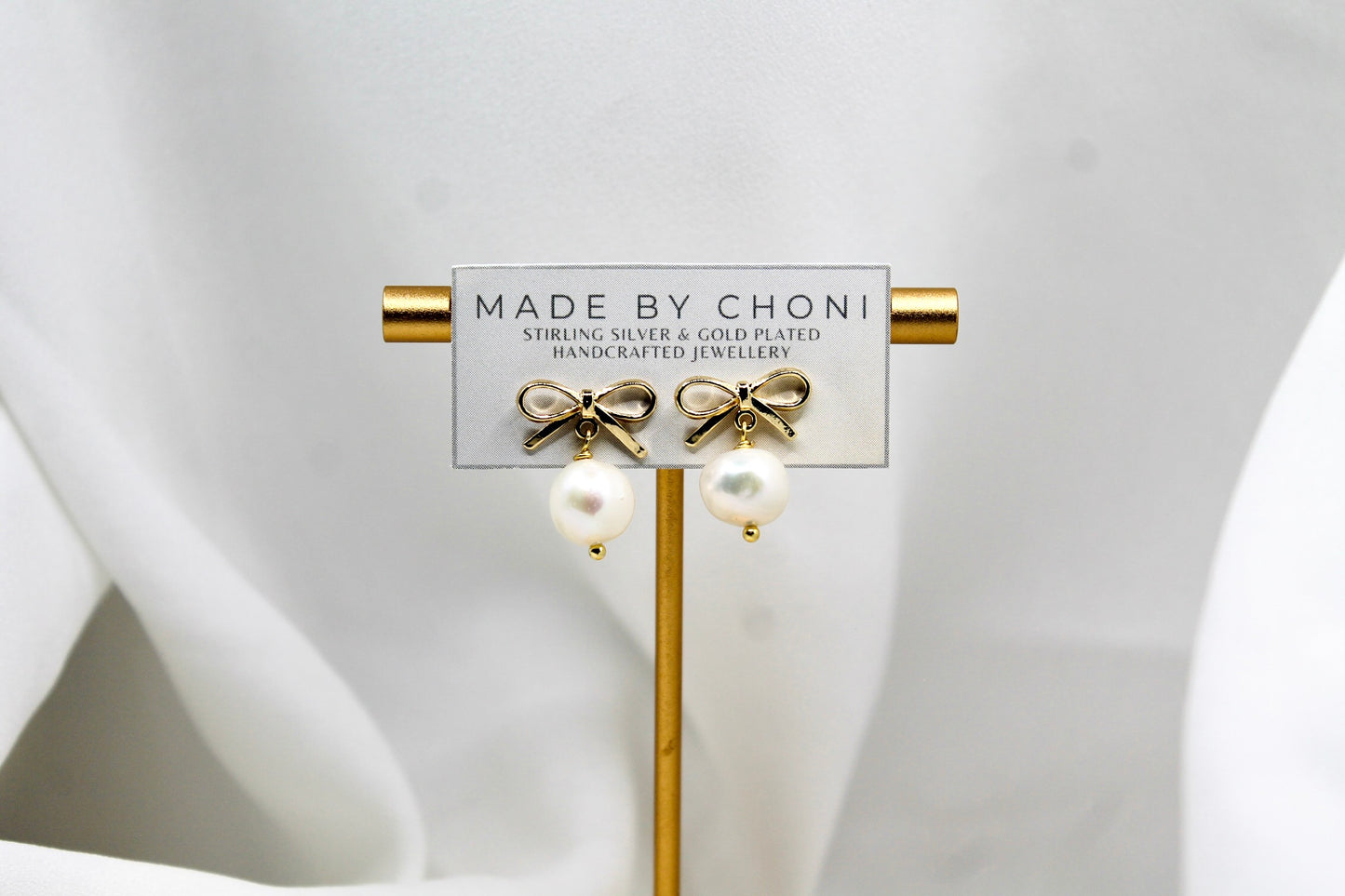 Holly Earrings - Gold Plated Pearl Bow Earrings