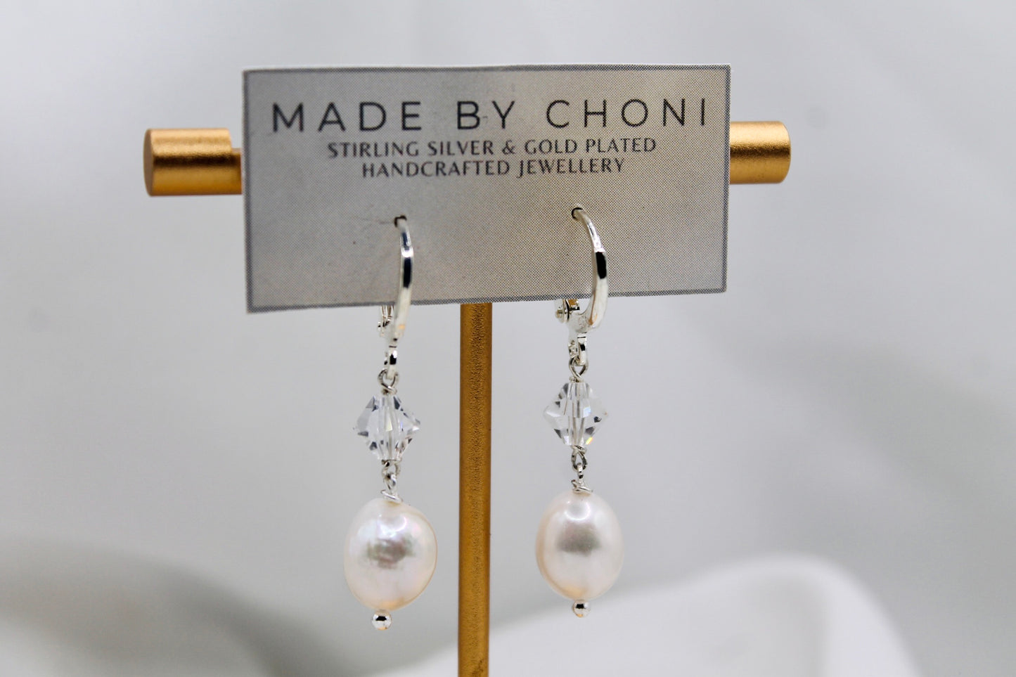 Marie Earrings - Stirling Silver Pearl & Swarovski Crystal Hoop Earrings